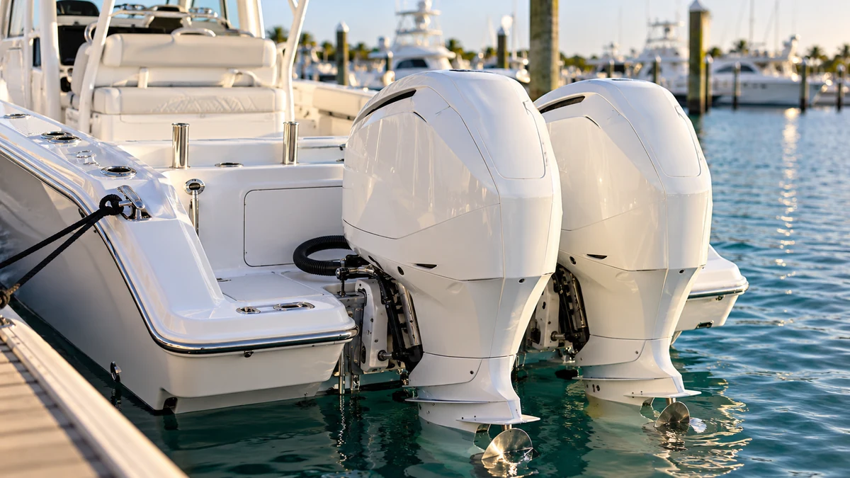 Illustrative detail of a clean boat and outboard motors at a coastal marina